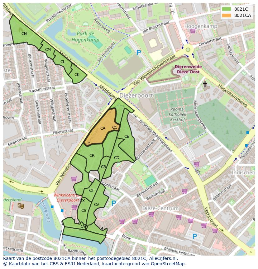Afbeelding van het postcodegebied 8021 CA op de kaart.