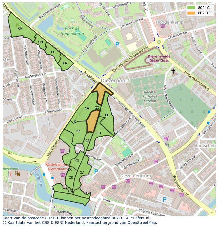 Afbeelding van het postcodegebied 8021 CC op de kaart.