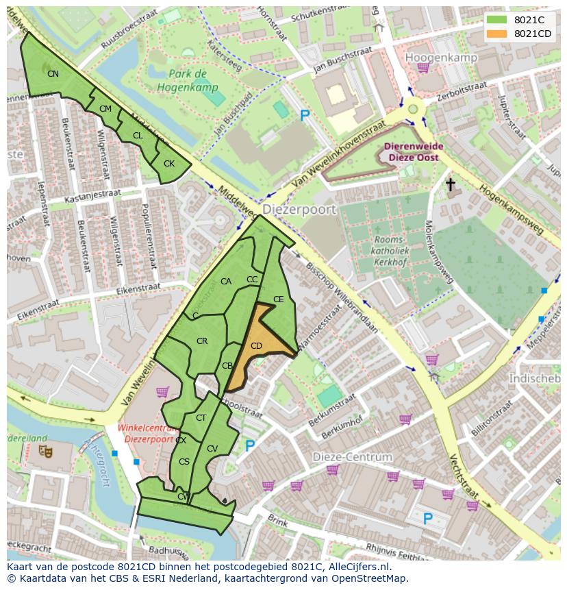 Afbeelding van het postcodegebied 8021 CD op de kaart.