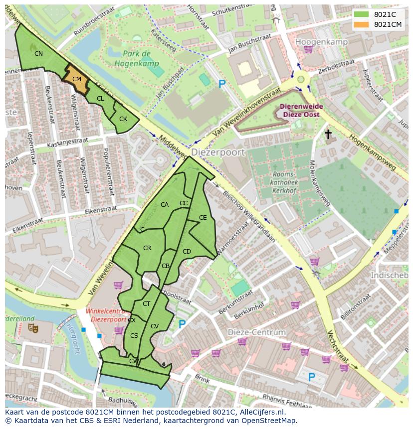 Afbeelding van het postcodegebied 8021 CM op de kaart.