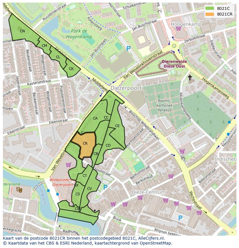 Afbeelding van het postcodegebied 8021 CR op de kaart.