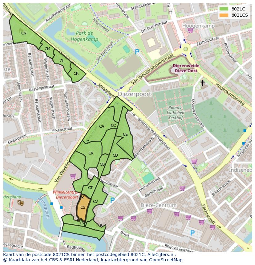 Afbeelding van het postcodegebied 8021 CS op de kaart.