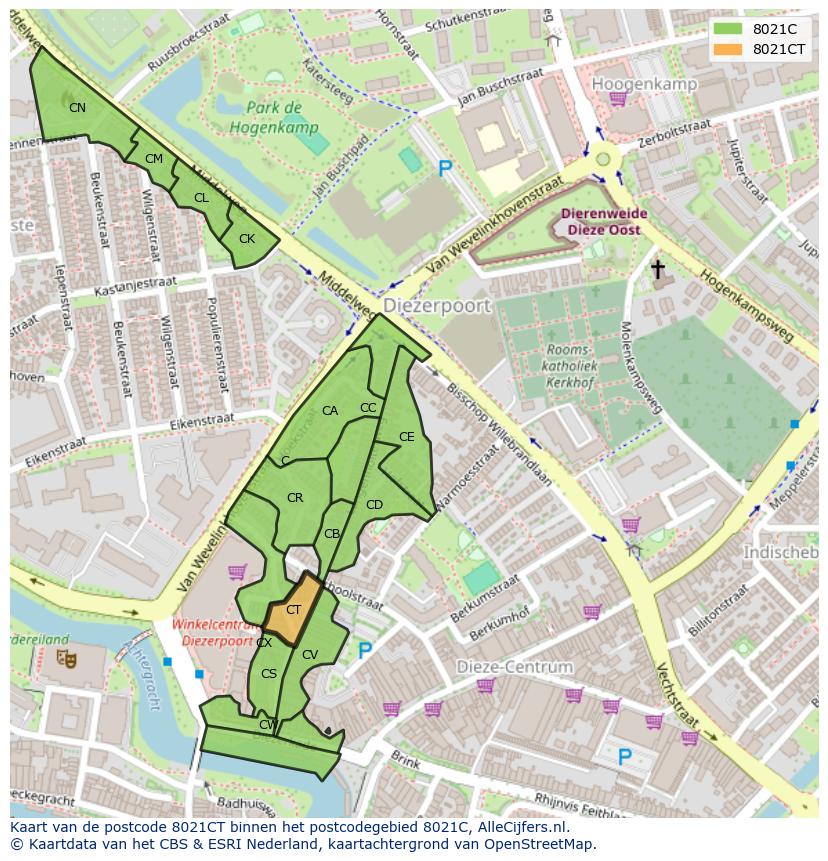 Afbeelding van het postcodegebied 8021 CT op de kaart.