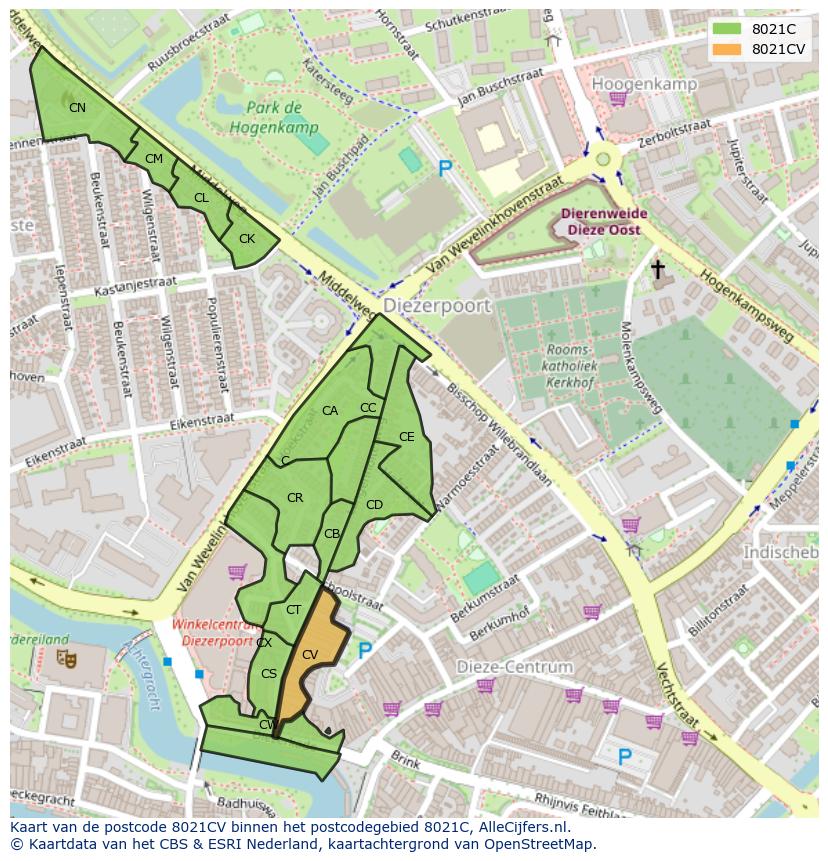 Afbeelding van het postcodegebied 8021 CV op de kaart.