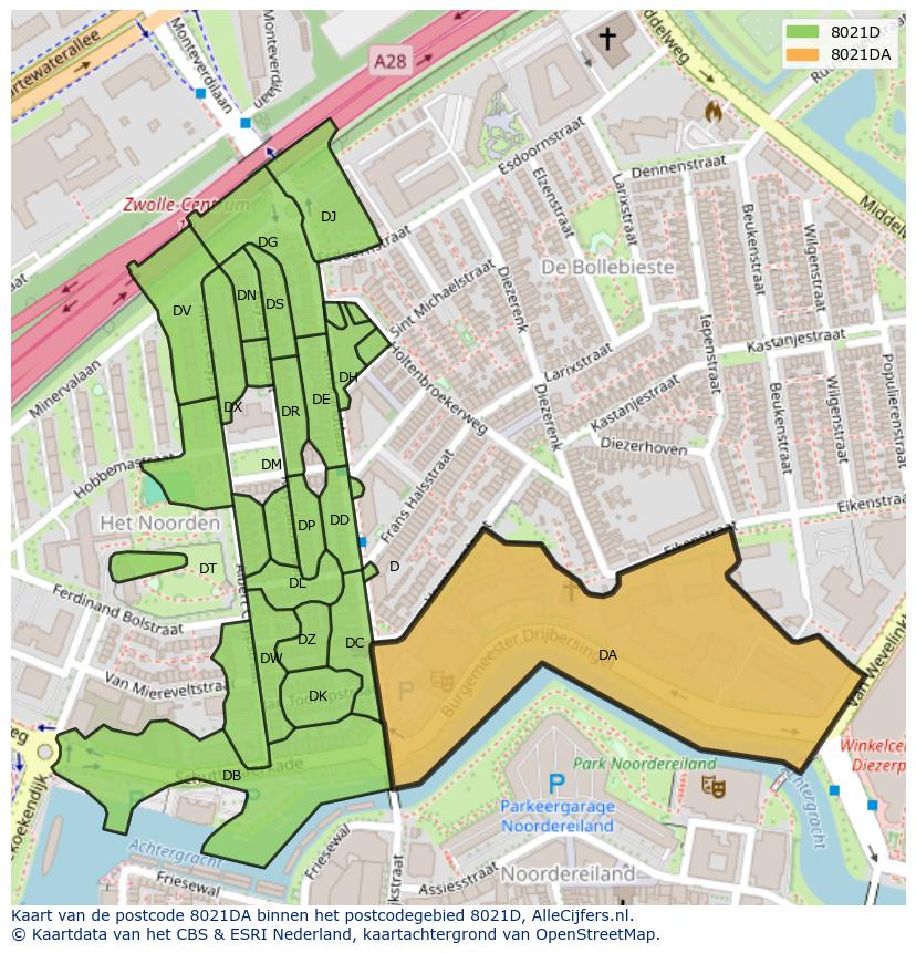 Afbeelding van het postcodegebied 8021 DA op de kaart.