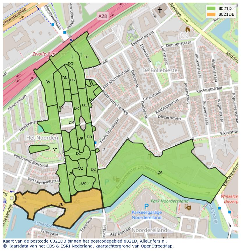 Afbeelding van het postcodegebied 8021 DB op de kaart.