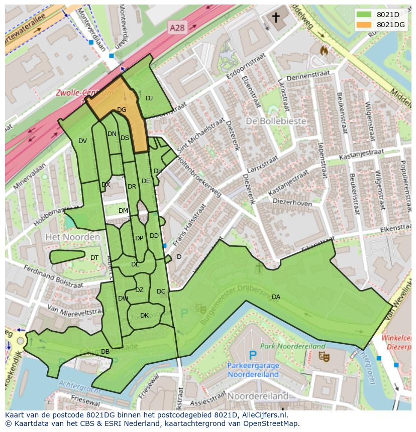 Afbeelding van het postcodegebied 8021 DG op de kaart.