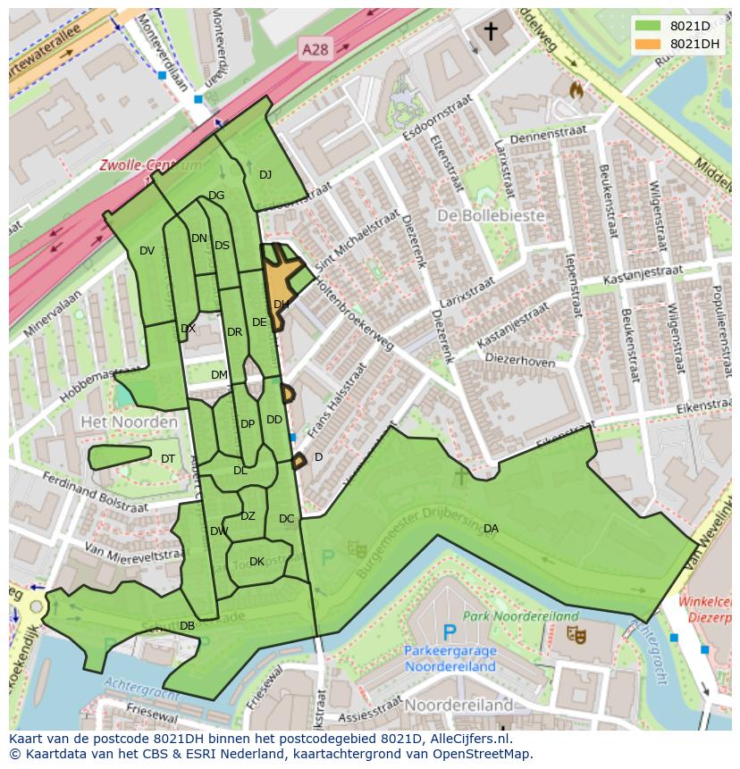Afbeelding van het postcodegebied 8021 DH op de kaart.