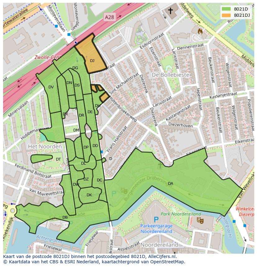 Afbeelding van het postcodegebied 8021 DJ op de kaart.