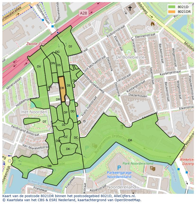 Afbeelding van het postcodegebied 8021 DR op de kaart.