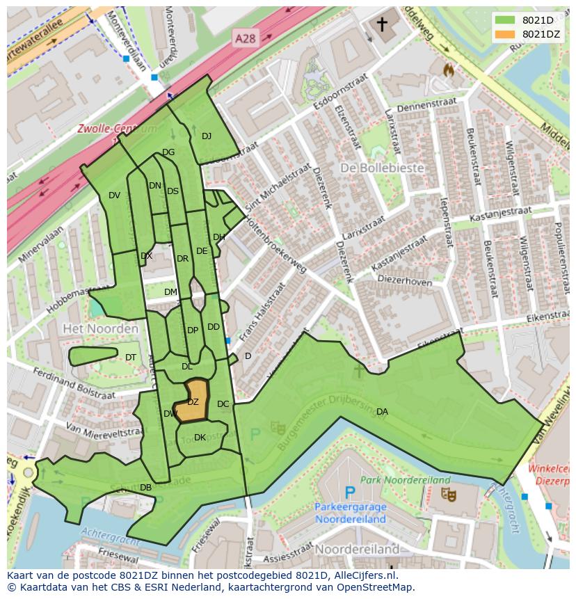 Afbeelding van het postcodegebied 8021 DZ op de kaart.