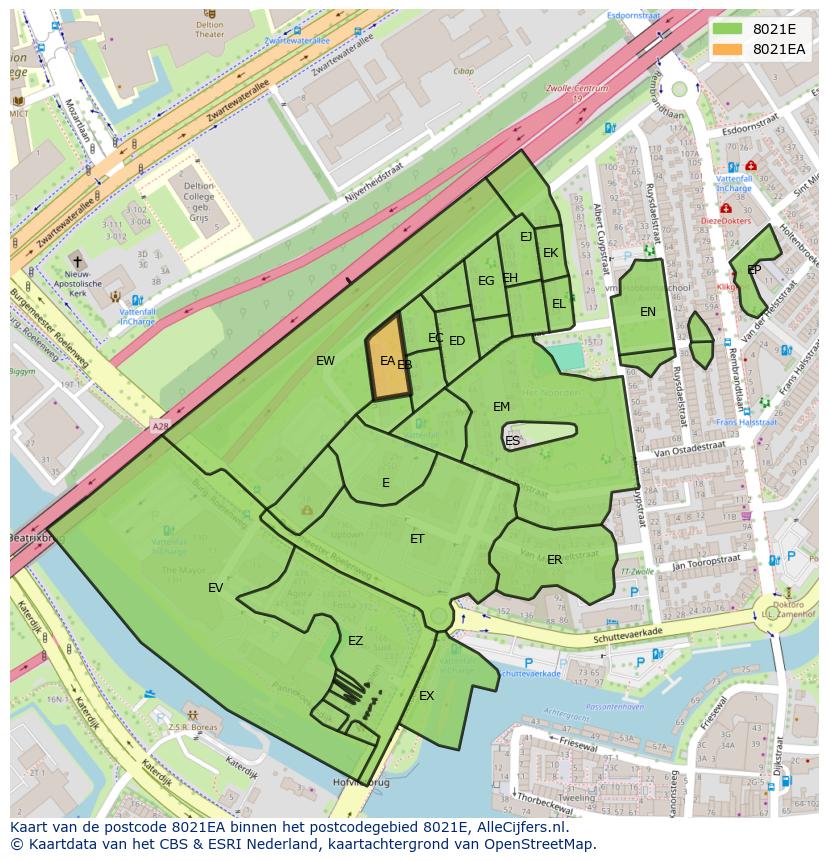 Afbeelding van het postcodegebied 8021 EA op de kaart.