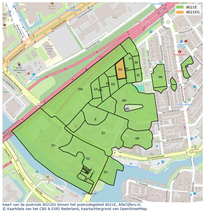 Afbeelding van het postcodegebied 8021 EG op de kaart.