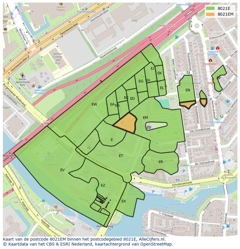 Afbeelding van het postcodegebied 8021 EM op de kaart.