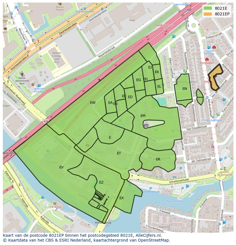 Afbeelding van het postcodegebied 8021 EP op de kaart.