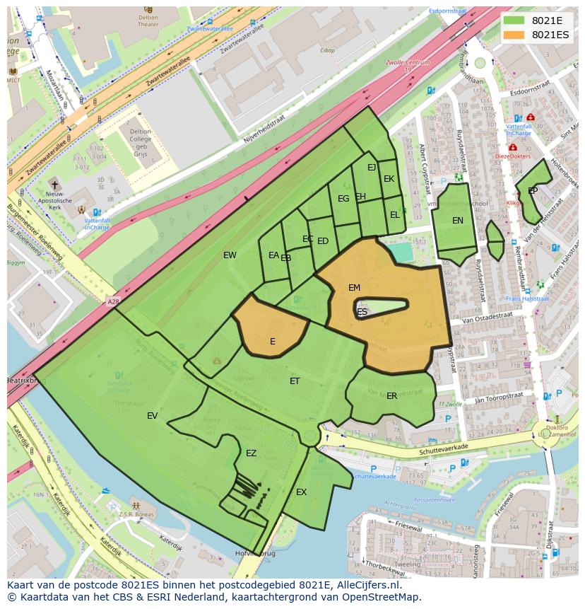 Afbeelding van het postcodegebied 8021 ES op de kaart.