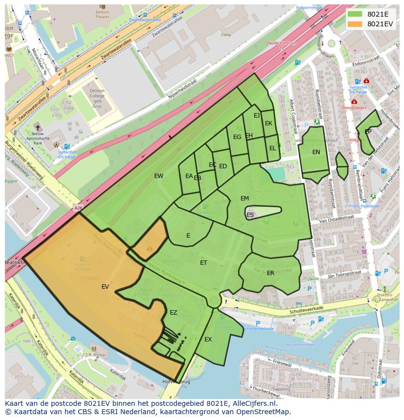 Afbeelding van het postcodegebied 8021 EV op de kaart.