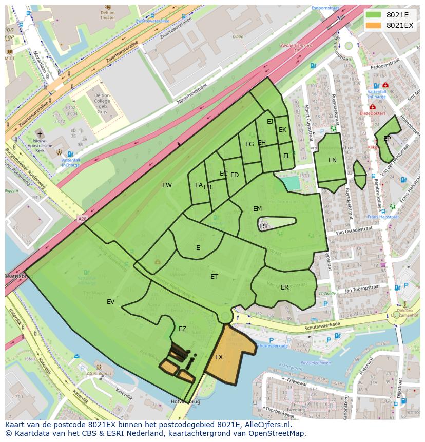 Afbeelding van het postcodegebied 8021 EX op de kaart.