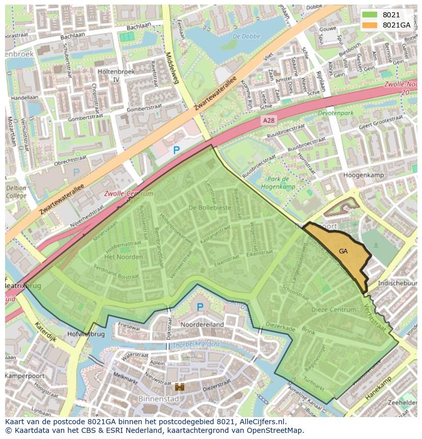 Afbeelding van het postcodegebied 8021 GA op de kaart.