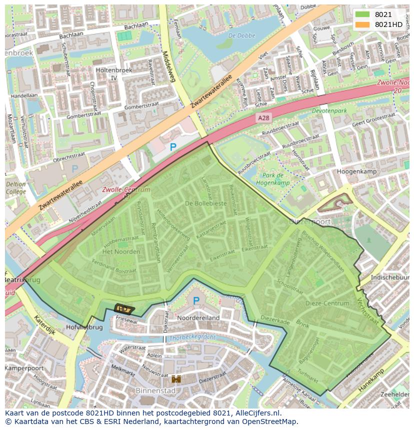 Afbeelding van het postcodegebied 8021 HD op de kaart.