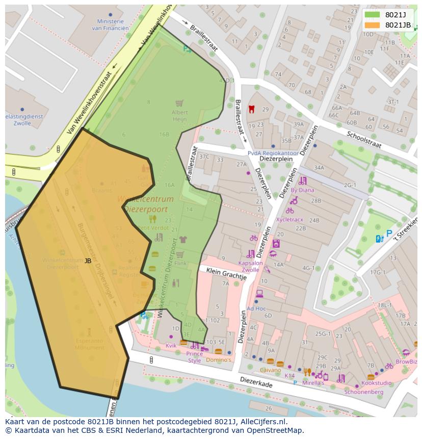 Afbeelding van het postcodegebied 8021 JB op de kaart.