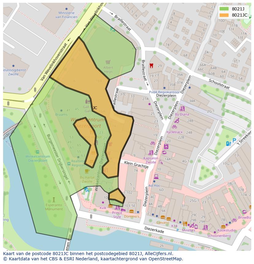 Afbeelding van het postcodegebied 8021 JC op de kaart.