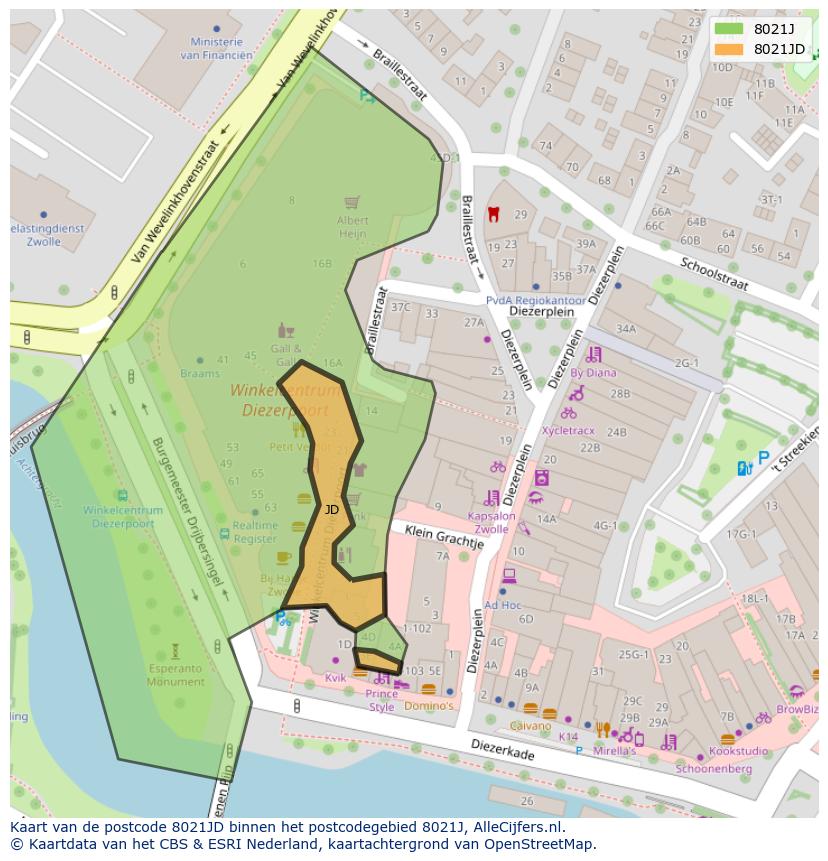 Afbeelding van het postcodegebied 8021 JD op de kaart.
