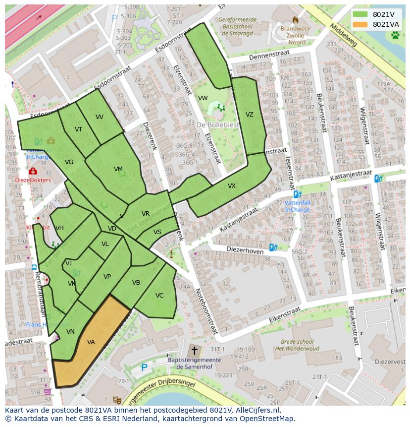 Afbeelding van het postcodegebied 8021 VA op de kaart.
