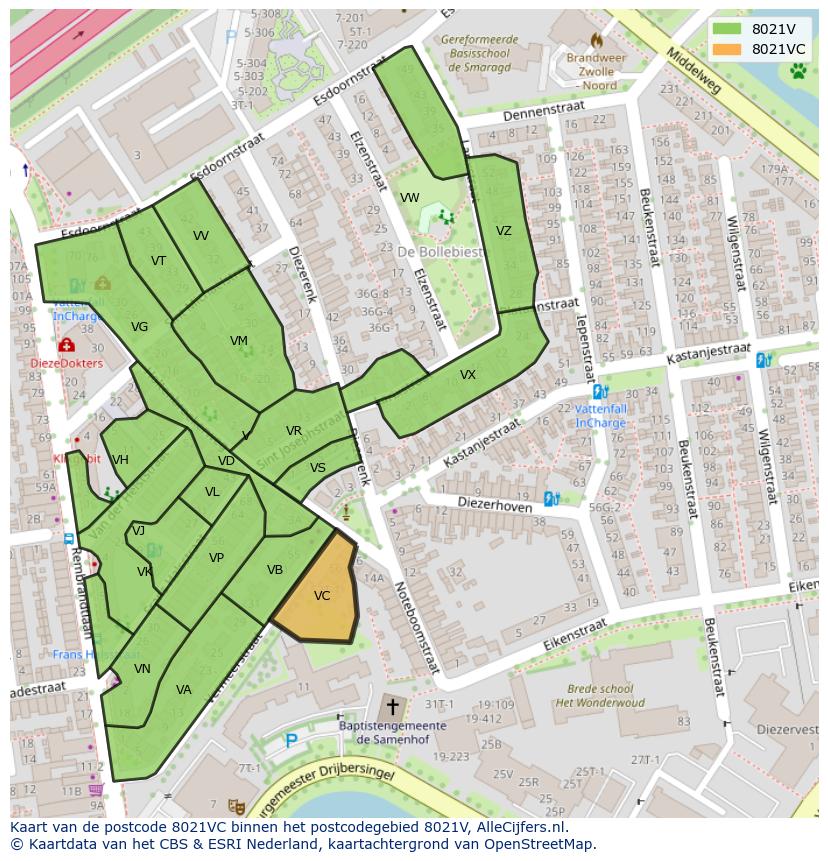Afbeelding van het postcodegebied 8021 VC op de kaart.