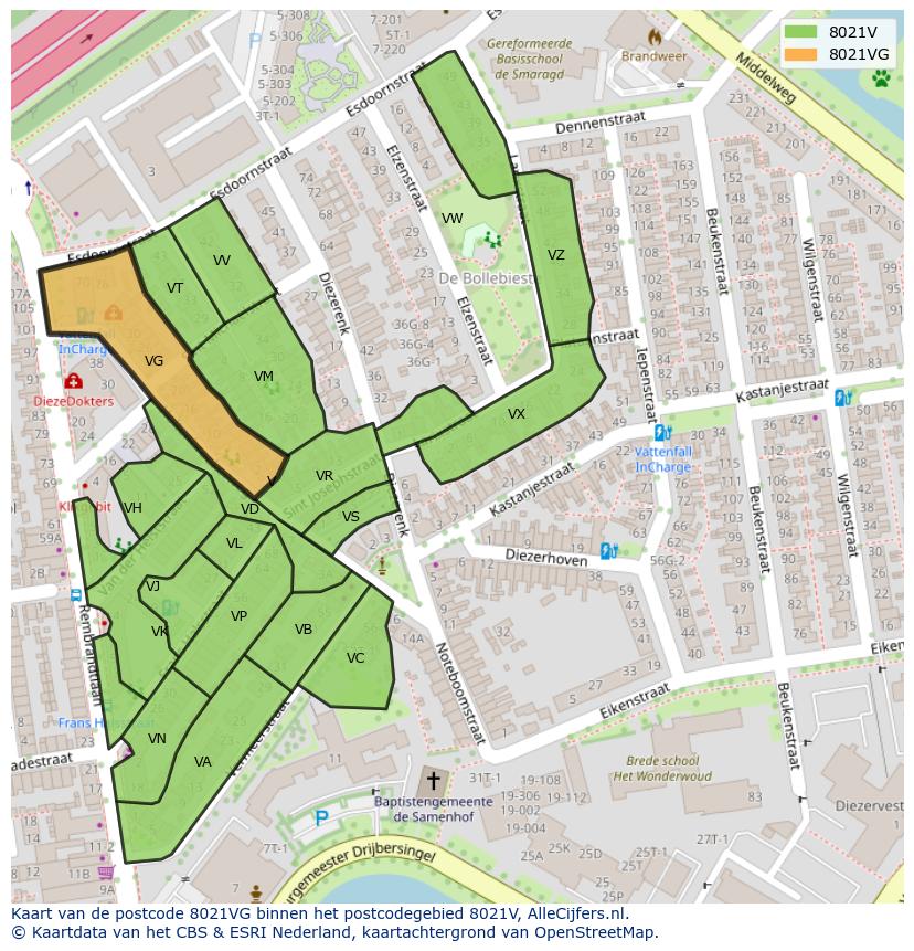 Afbeelding van het postcodegebied 8021 VG op de kaart.