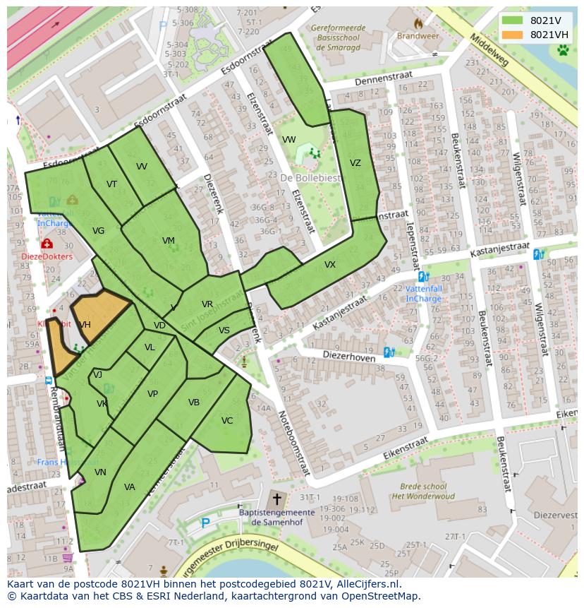 Afbeelding van het postcodegebied 8021 VH op de kaart.