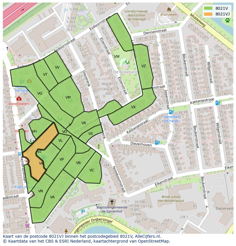 Afbeelding van het postcodegebied 8021 VJ op de kaart.
