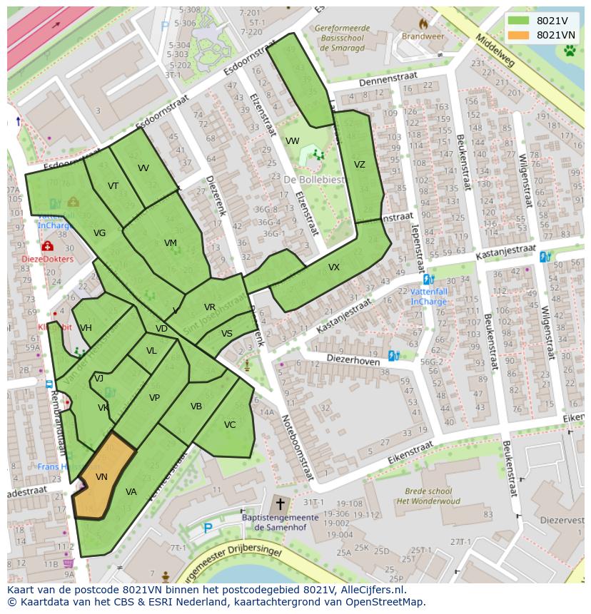 Afbeelding van het postcodegebied 8021 VN op de kaart.