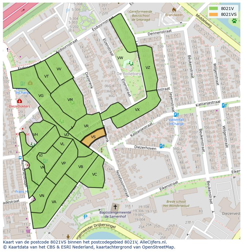 Afbeelding van het postcodegebied 8021 VS op de kaart.