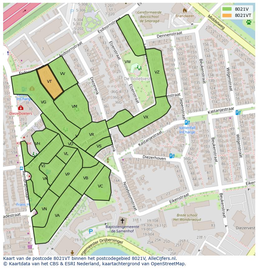 Afbeelding van het postcodegebied 8021 VT op de kaart.