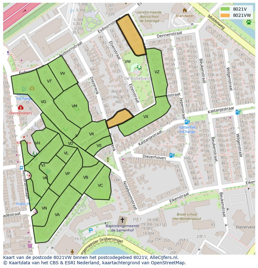 Afbeelding van het postcodegebied 8021 VW op de kaart.