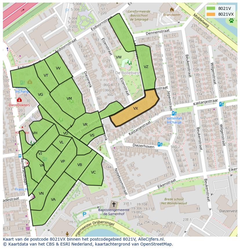 Afbeelding van het postcodegebied 8021 VX op de kaart.