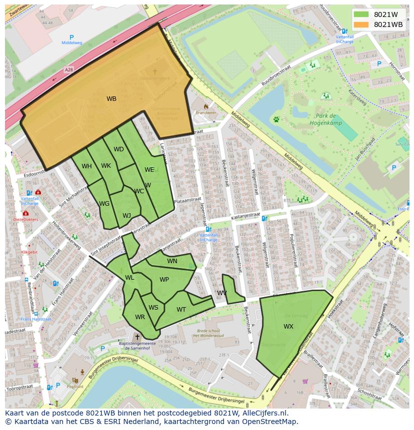 Afbeelding van het postcodegebied 8021 WB op de kaart.