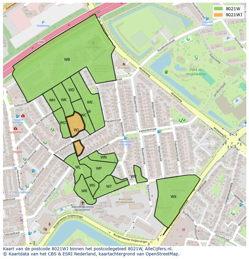Afbeelding van het postcodegebied 8021 WJ op de kaart.