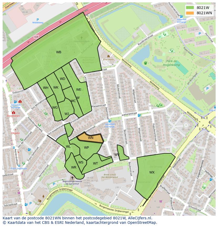 Afbeelding van het postcodegebied 8021 WN op de kaart.