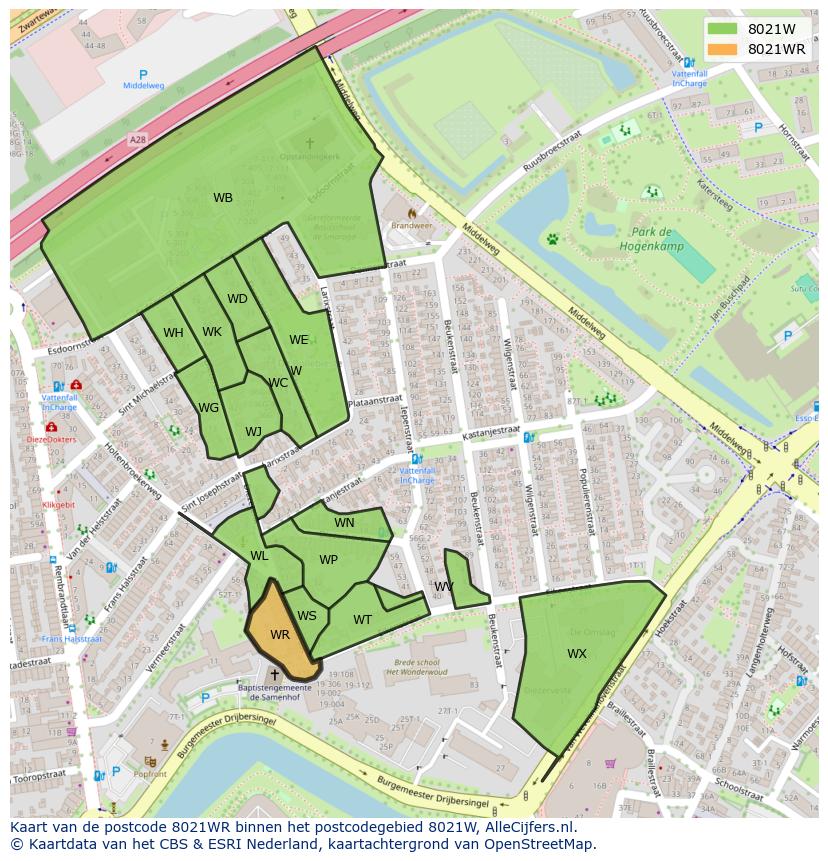 Afbeelding van het postcodegebied 8021 WR op de kaart.