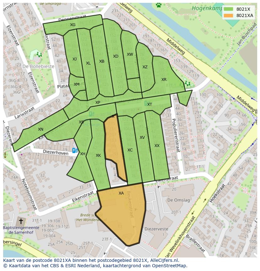 Afbeelding van het postcodegebied 8021 XA op de kaart.