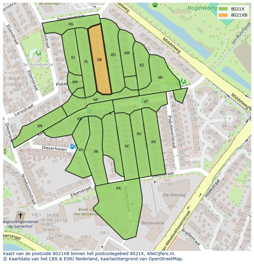 Afbeelding van het postcodegebied 8021 XB op de kaart.