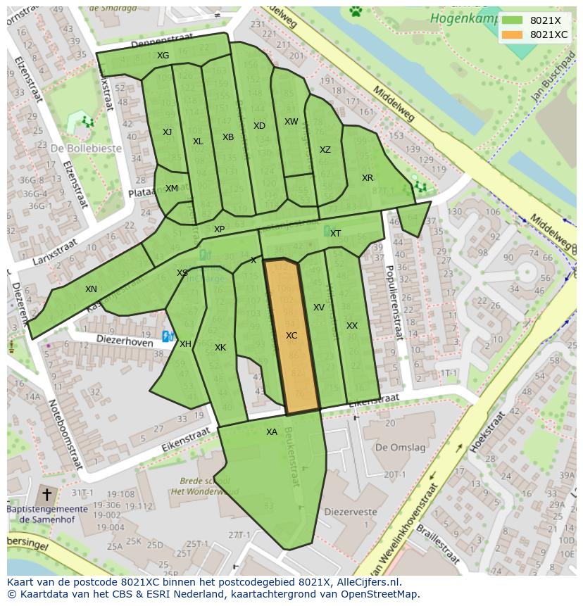 Afbeelding van het postcodegebied 8021 XC op de kaart.