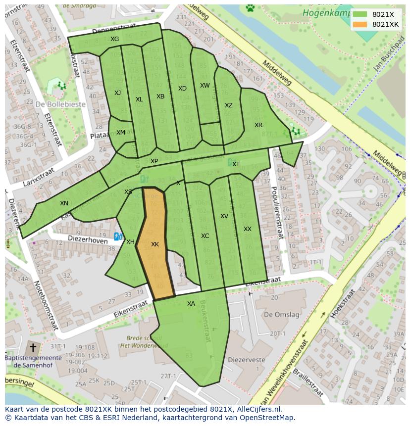 Afbeelding van het postcodegebied 8021 XK op de kaart.