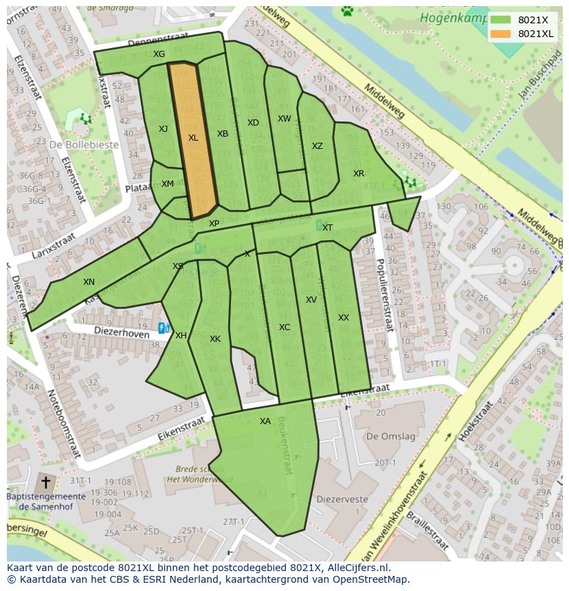 Afbeelding van het postcodegebied 8021 XL op de kaart.