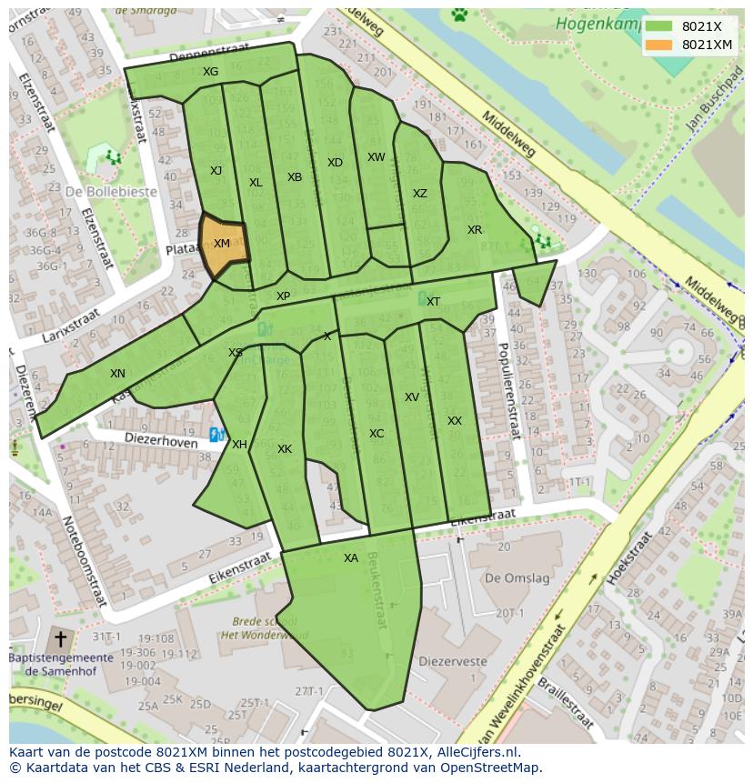Afbeelding van het postcodegebied 8021 XM op de kaart.