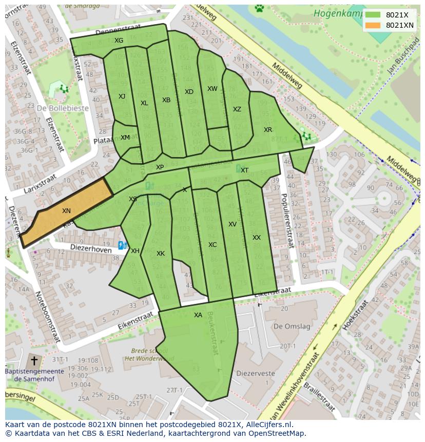Afbeelding van het postcodegebied 8021 XN op de kaart.