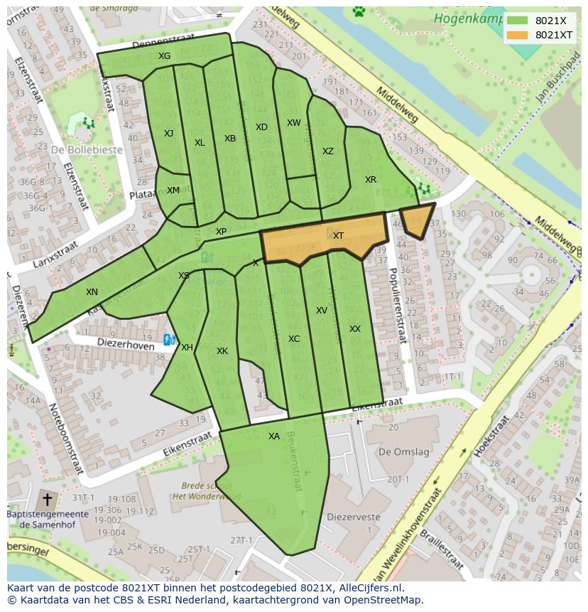 Afbeelding van het postcodegebied 8021 XT op de kaart.