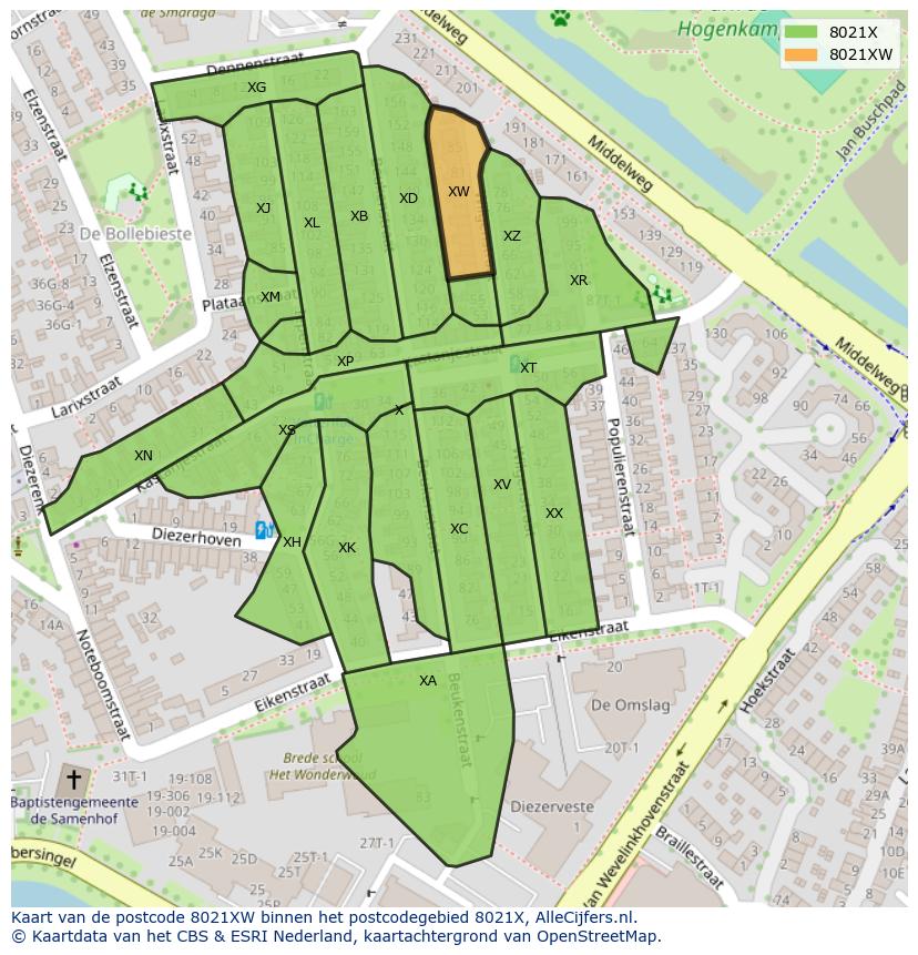 Afbeelding van het postcodegebied 8021 XW op de kaart.